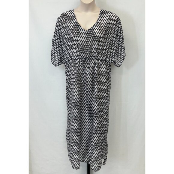 Talbots Black White Geometric Print Maxi Dress Size L Short Sleeve Drawstring - Picture 1 of 13